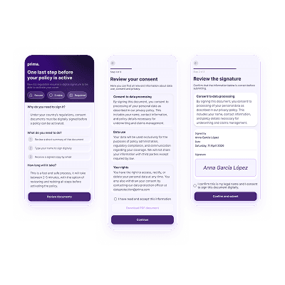 Mobile screens from the E-Sign Flow for Insurance Conversion